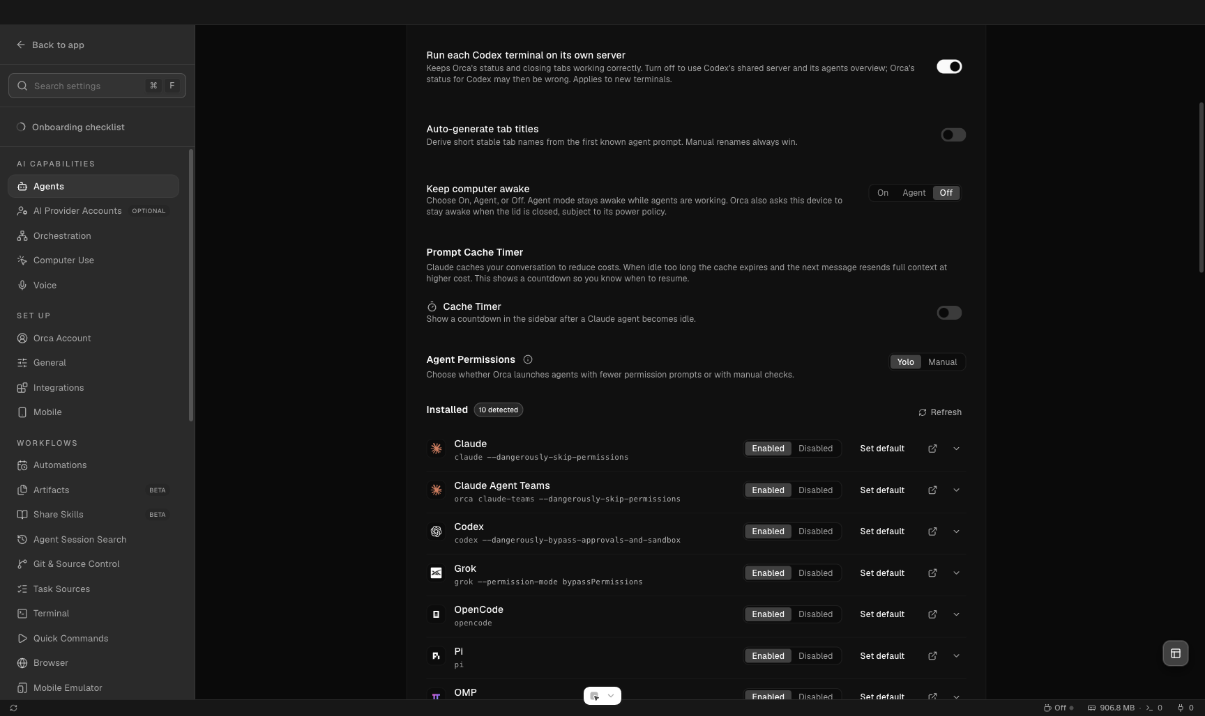 Orca Settings, Agents: Run each Codex terminal on its own server, switched on. Keeps Orca's status and closing tabs working correctly. Turn off to use Codex's shared server and its agents overview. Applies to new terminals.