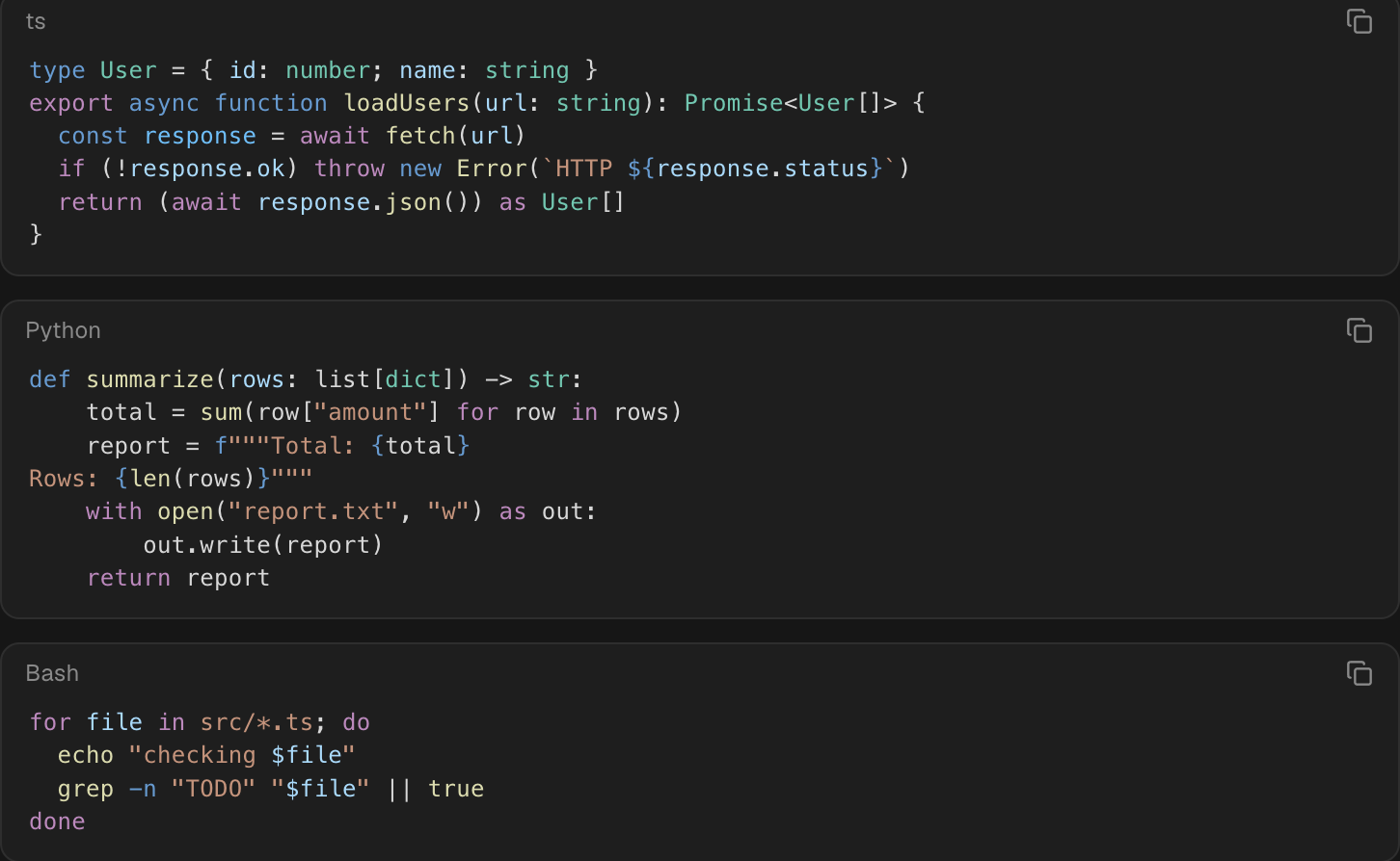 TypeScript, Python and Bash code blocks in an Orca chat, colored with VS Code’s Dark+ palette