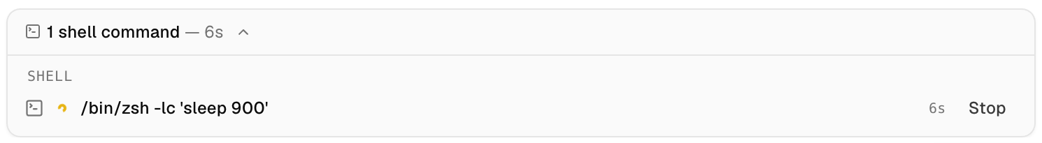 The background-tasks strip in an Orca Codex chat: one shell command, sleep 900, running for 6 seconds, with a Stop button