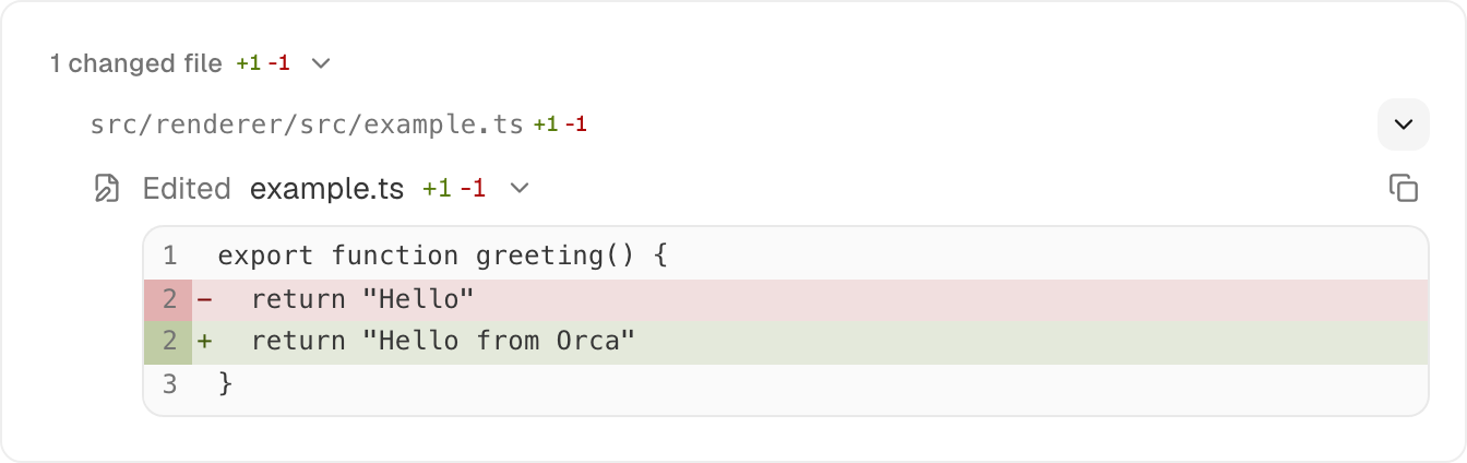An Orca native chat turn summary with one changed file expanded to show its patch: return Hello becomes return Hello from Orca