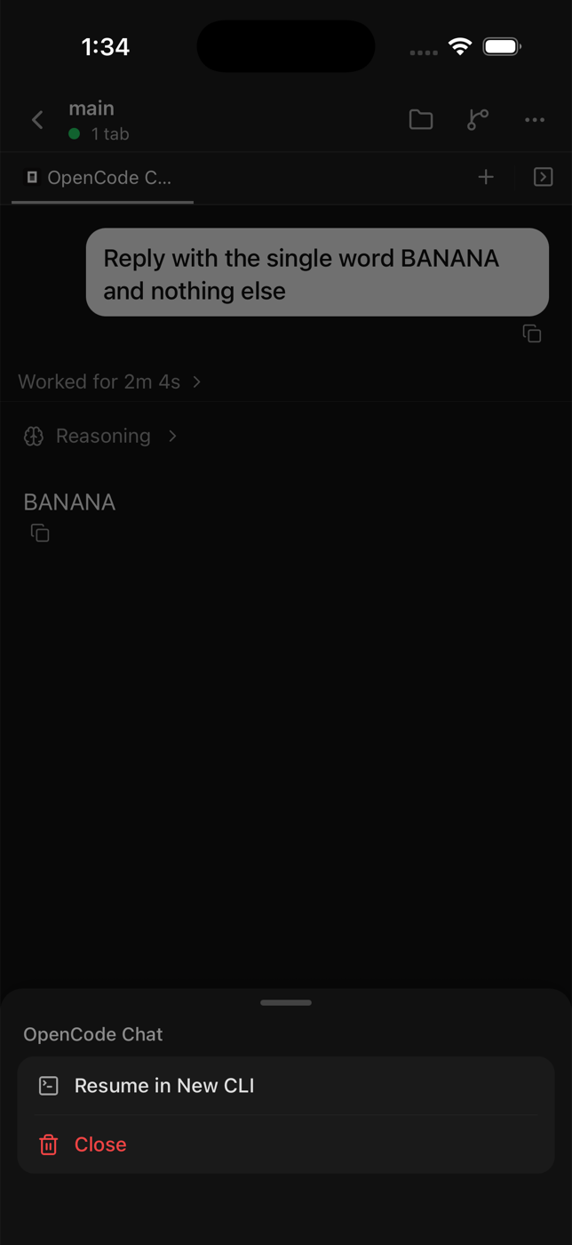 An OpenCode chat in the Orca phone app with its tab menu open: Resume in New CLI, then Close