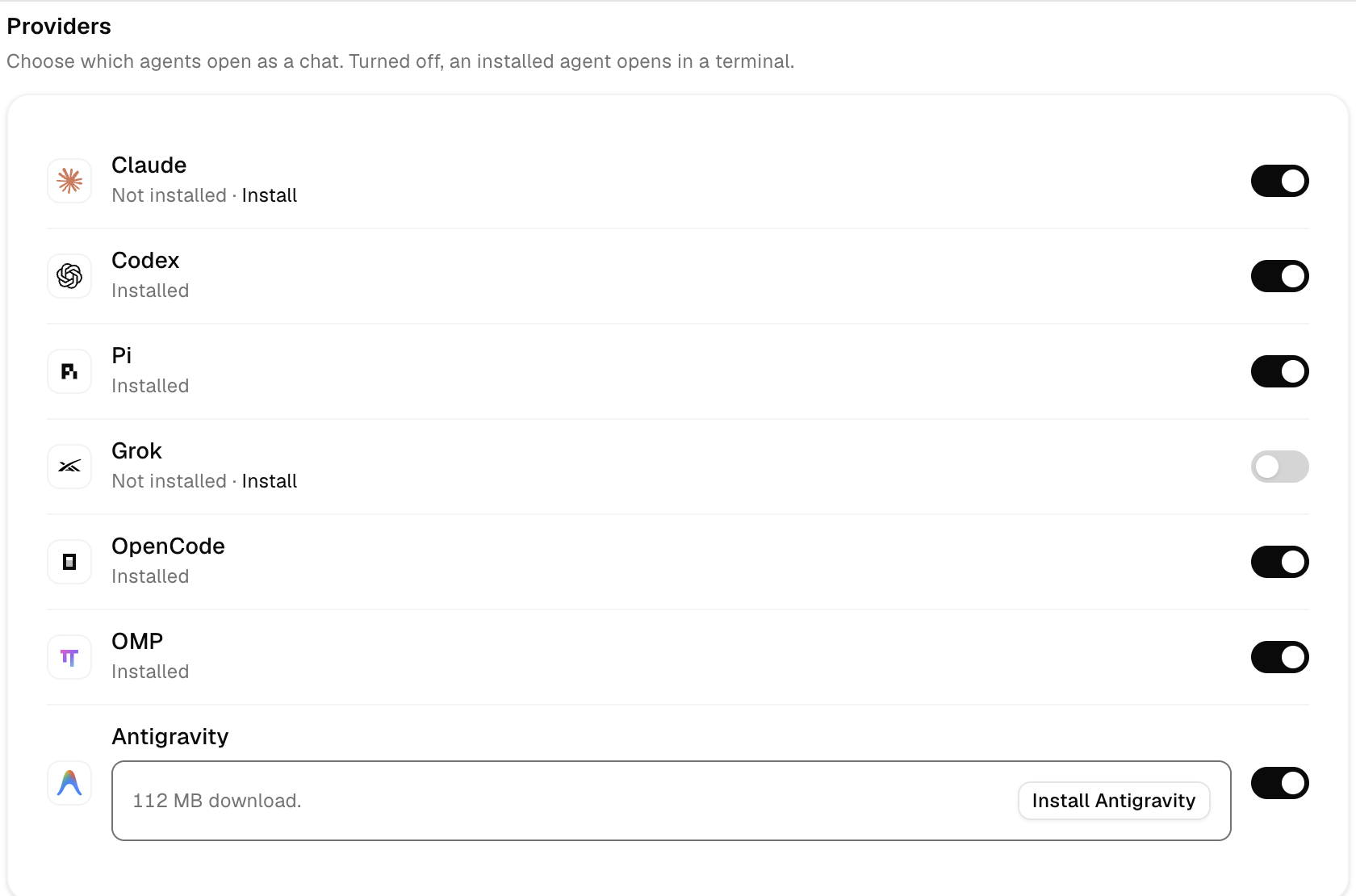 Settings, Chat, Providers in Orca: a switch beside Claude, Codex, Pi, Grok, OpenCode, OMP and Antigravity