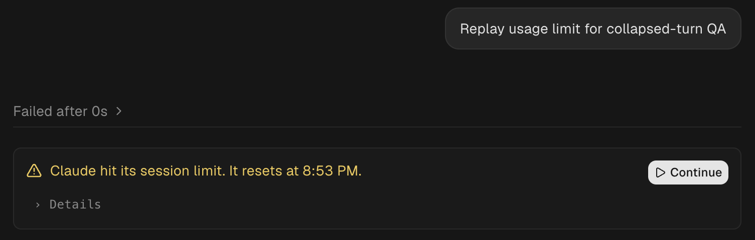 An Orca chat warning: Claude hit its session limit. It resets at 8:53 PM, with a Continue button