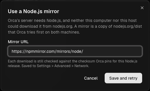 Orca's Use a Node.js mirror dialog, with the mirror URL https://npmmirror.com/mirrors/node/ filled in and a Save and retry button