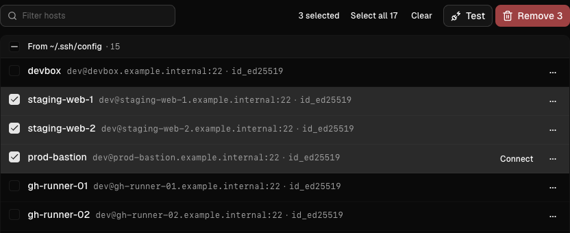 Orca's SSH Hosts page with three hosts ticked and a Remove 3 button, beside Test, Clear and Select all 17
