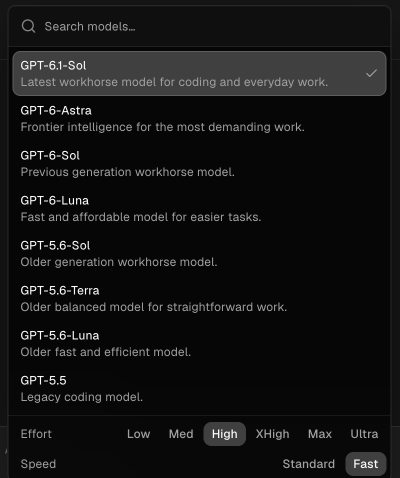 Orca's model picker in a Codex chat: GPT-6.1-Sol selected, Effort set to High and Speed set to Fast