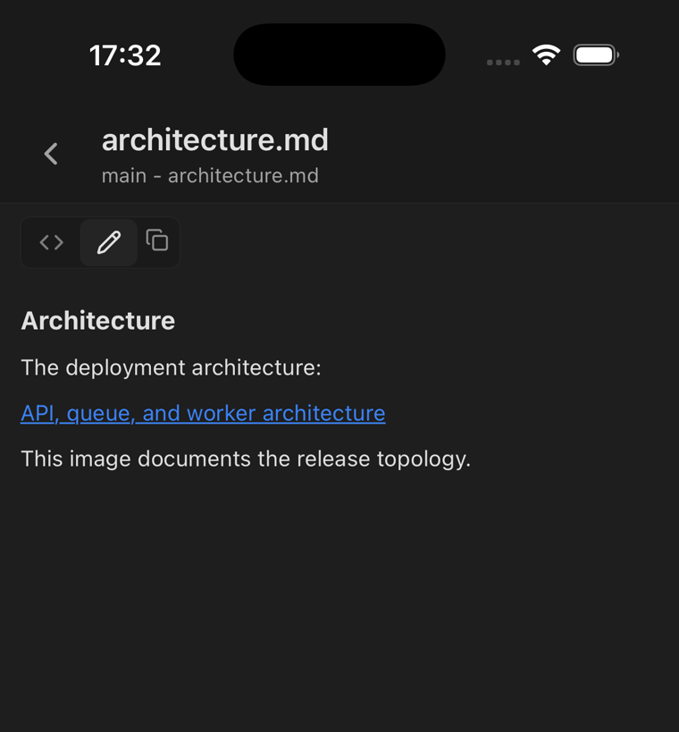 architecture.md on the phone before the fix: the diagram appears only as a blue link reading API, queue, and worker architecture