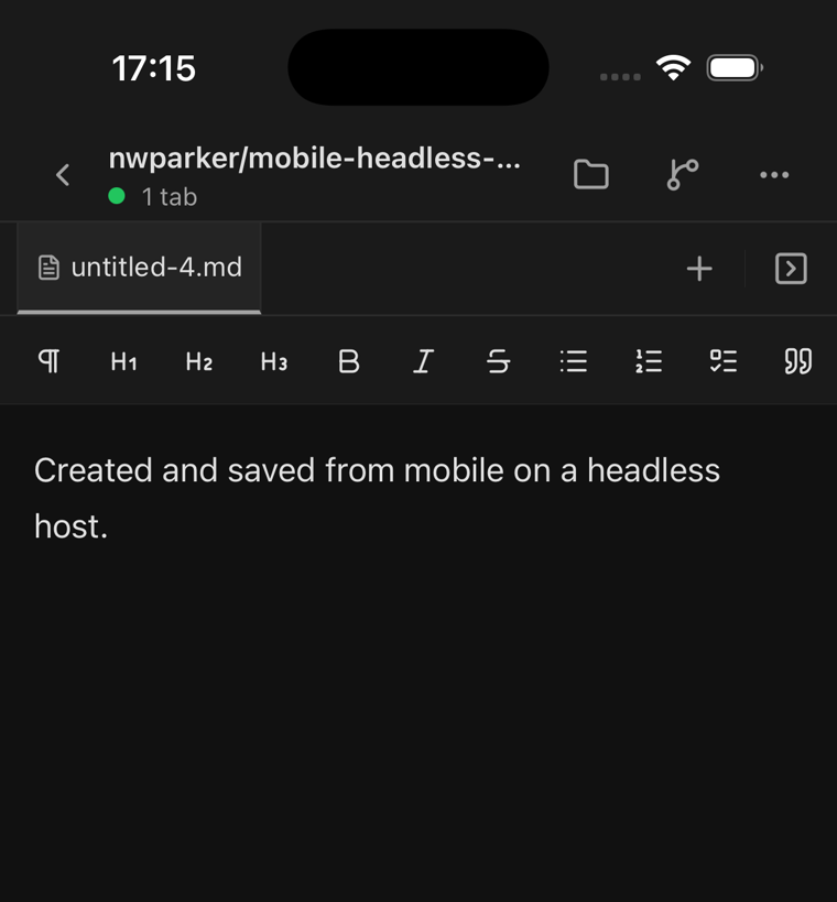 Orca on a phone paired to a headless host: a new note, untitled-4.md, open in the editor with the text Created and saved from mobile on a headless host