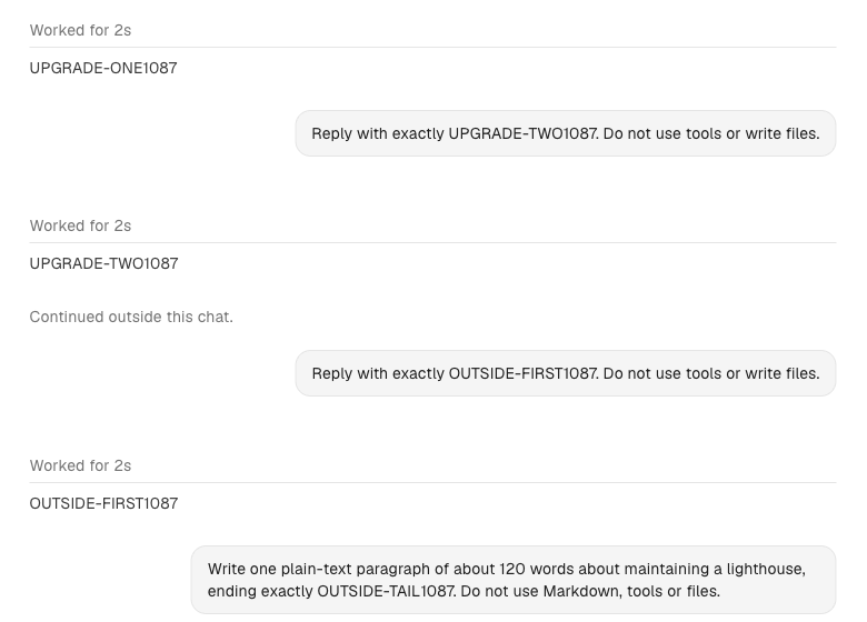 An Orca Codex chat: after two replies, a line reads Continued outside this chat, followed by the prompts and replies sent from a terminal