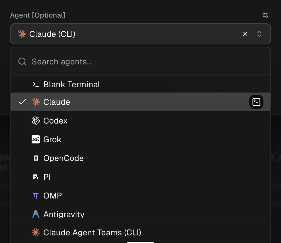 Orca's Create worktree agent picker: Claude is checked with its terminal button lit, and the field reads Claude (CLI)