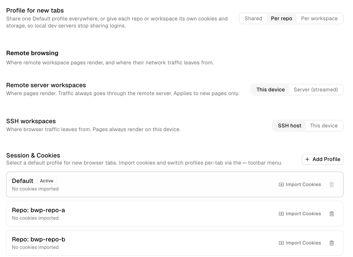 Orca's Browser settings: Profile for new tabs set to Per repo, and Session and Cookies listing Default plus one profile for each of two repos