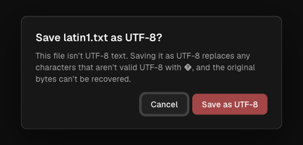 Orca dialog: Save latin1.txt as UTF-8? It warns that invalid characters become replacement characters, with Cancel and Save as UTF-8 buttons