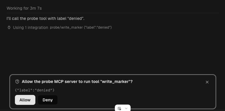 Orca's Codex chat with an approval card: Allow the probe MCP server to run tool write_marker? with Allow and Deny buttons