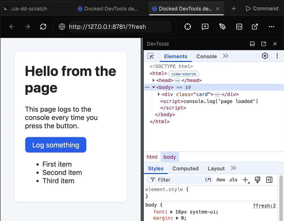 Orca's browser pane with a test page on the left and DevTools docked on the right, showing the Elements and Styles panels