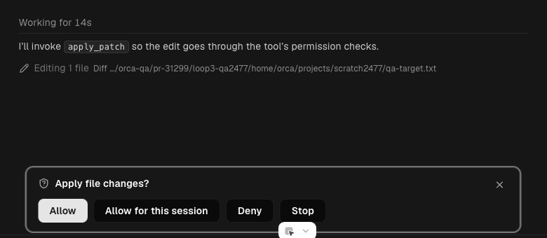 A Codex chat in Orca about to run apply_patch, with an Apply file changes? prompt offering Allow, Allow for this session, Deny and Stop