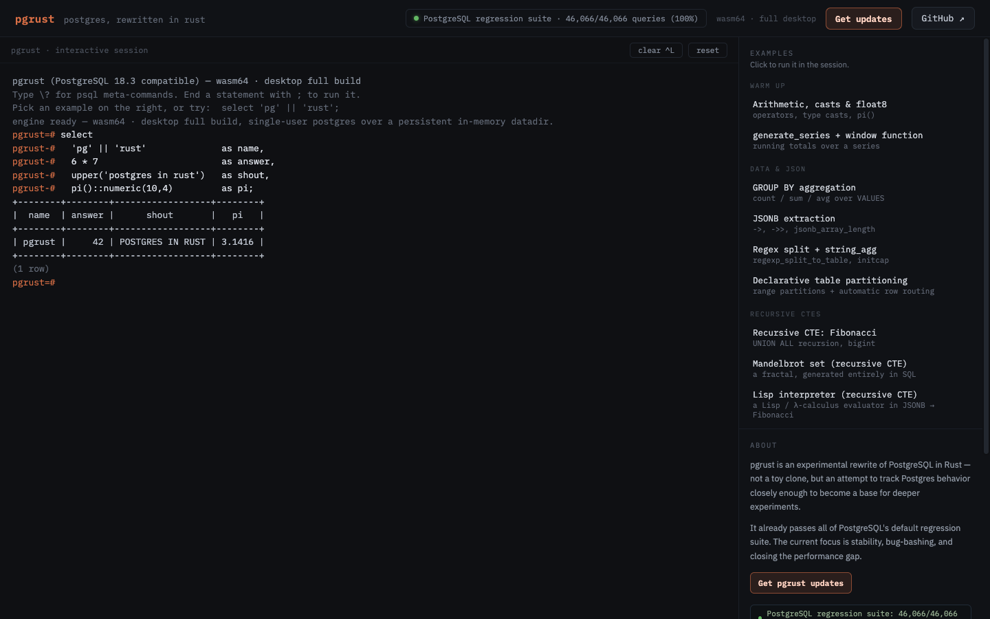 The live in-browser WASM psql session running a query and rendering a real result table, with the 46,066/46,066 regression banner in frame