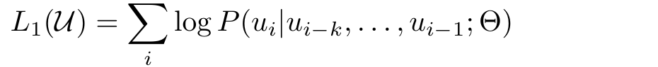 GPT-1 equation 1: L sub 1 of U equals the sum over i of log P of u sub i given the k pieces before it