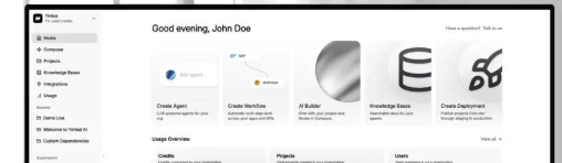 Timbal Studio dashboard: a Good evening greeting and a row of cards for Create Agent, Create Workflow, AI Builder, Knowledge Bases, and Create Deployment, with a left navigation rail