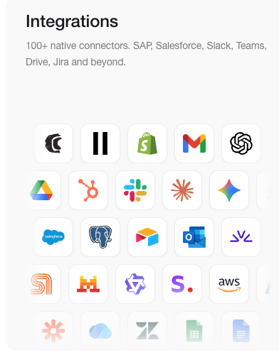 Timbal's Integrations card: 100+ native connectors shown as a logo grid including Gmail, Google Drive, Slack, Salesforce, HubSpot, and PostgreSQL