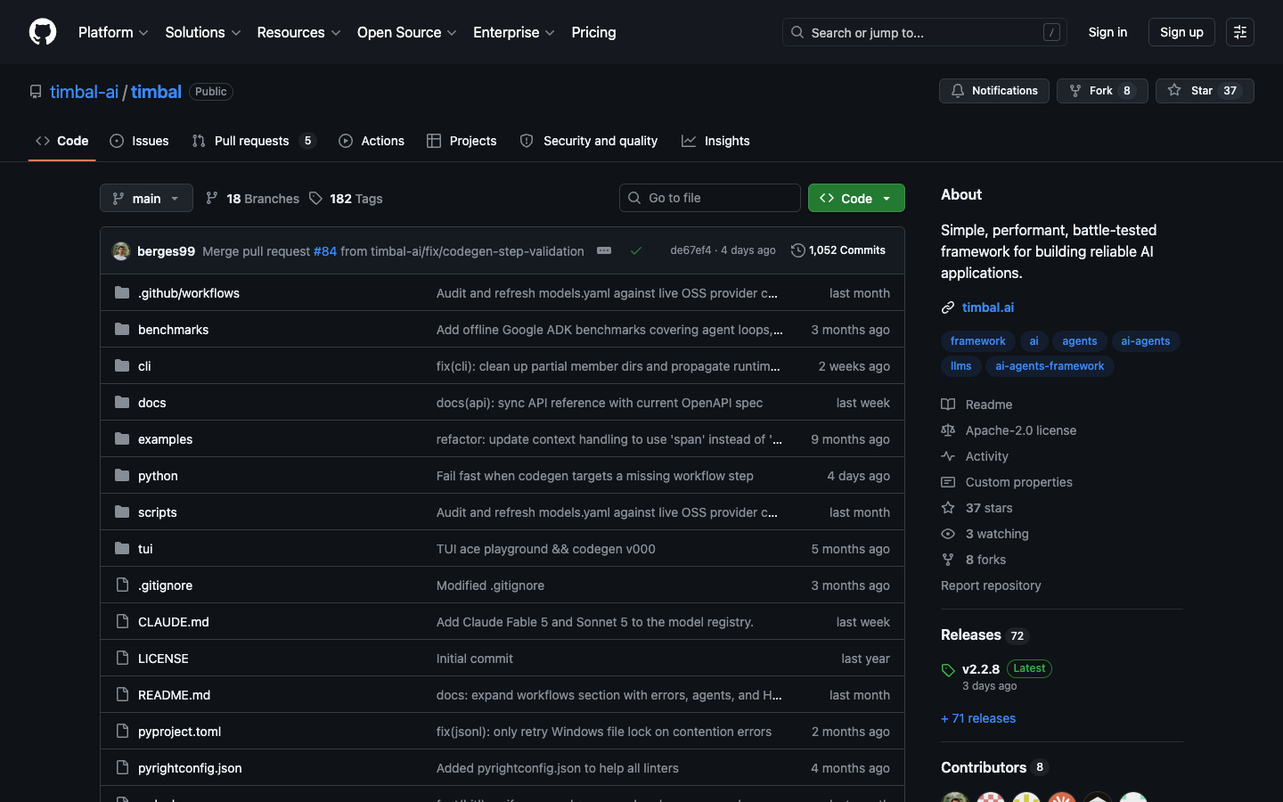 The timbal-ai/timbal GitHub repository page: the file tree and an About sidebar listing the Apache-2.0 license
