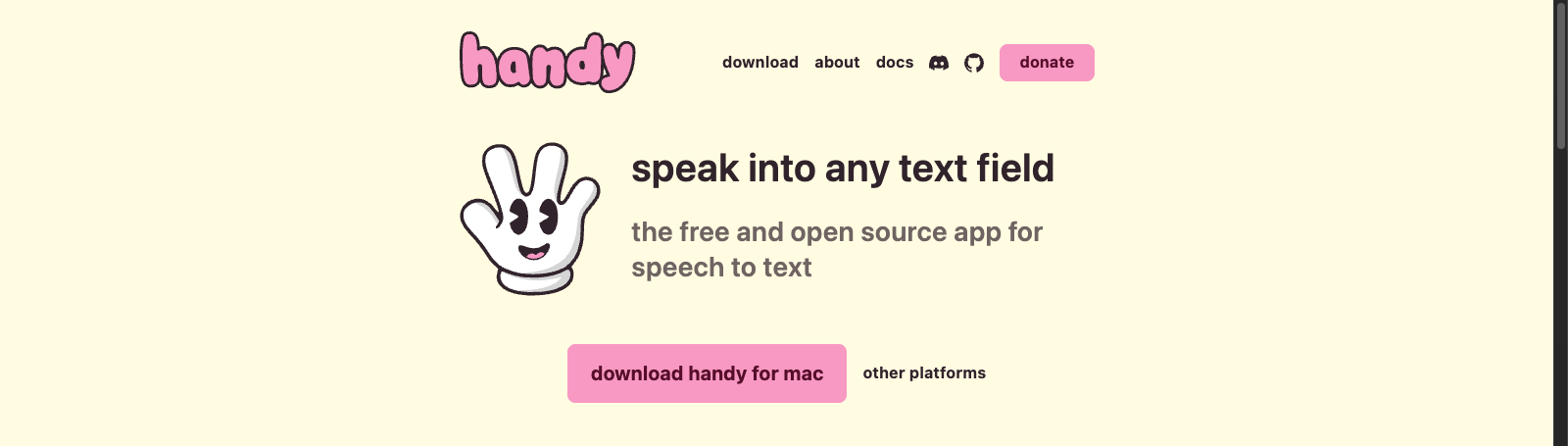 The Handy product site: speak into any text field
