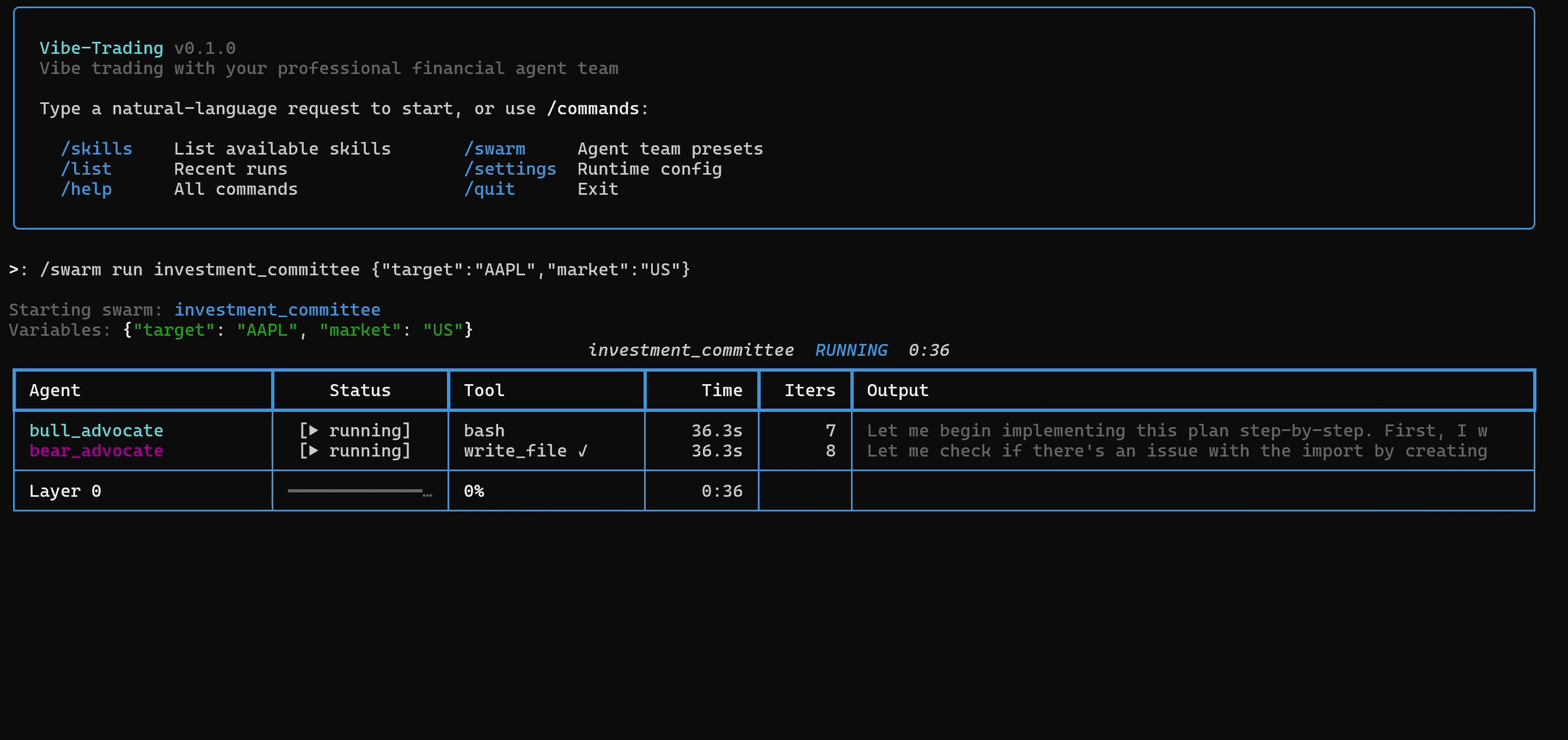 Vibe-Trading terminal TUI with command menu and live swarm table