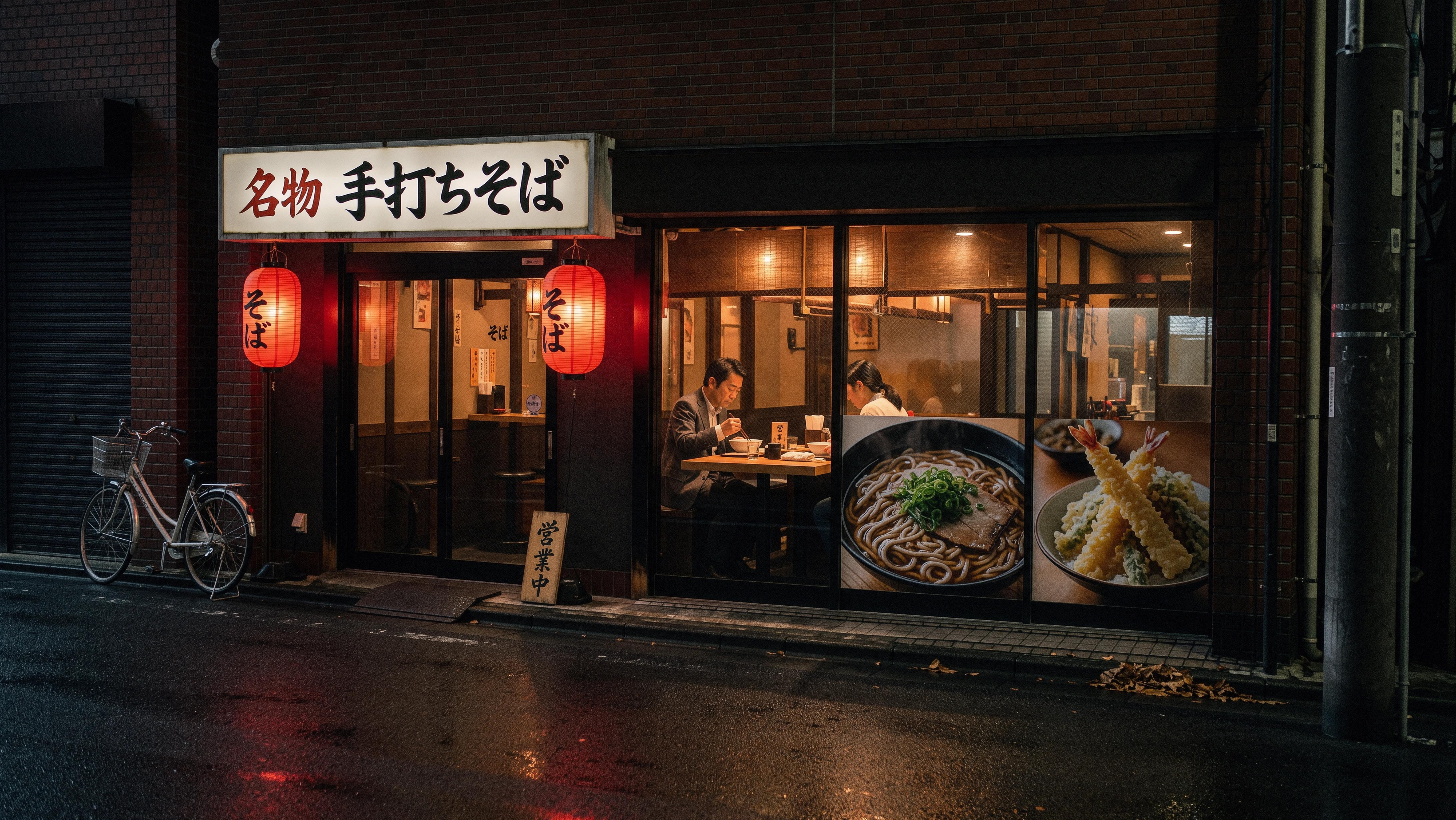 A 5456 by 3072 pixel render of a soba shop at night on a wet street: a lightbox sign in hand-lettered Japanese, red paper lanterns, a man eating at a table behind the window, posters of soba and tempura.