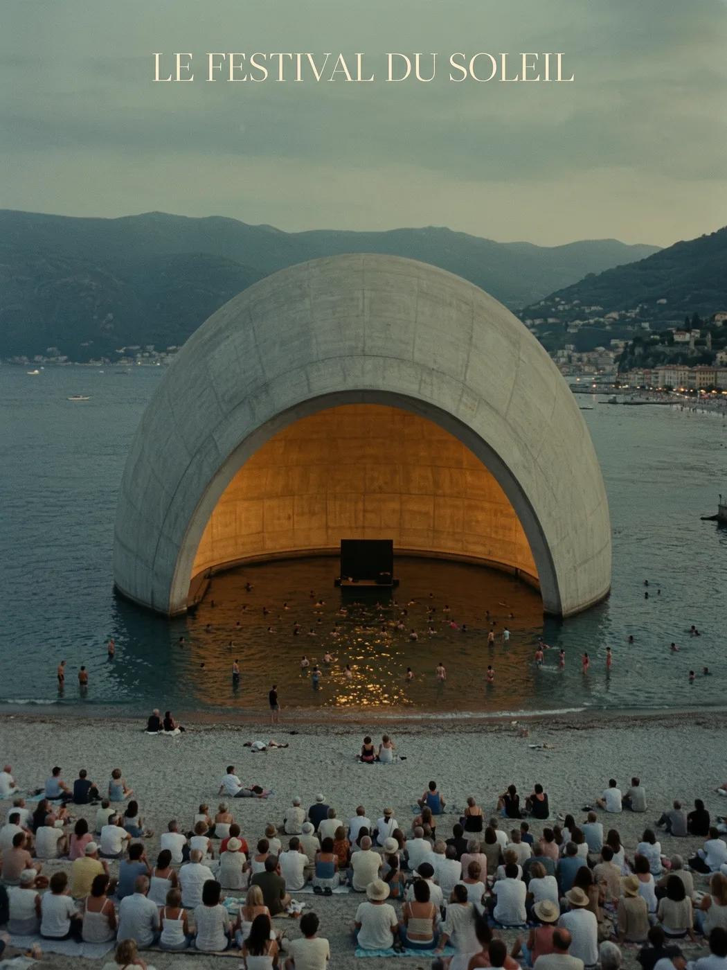 Le Festival du Soleil, made by FLUX 3 Image: a smooth concrete dome glowing orange in a twilight bay, swimmers in the water before it, a seated crowd on the beach, the festival's name in thin serif letters across the top.