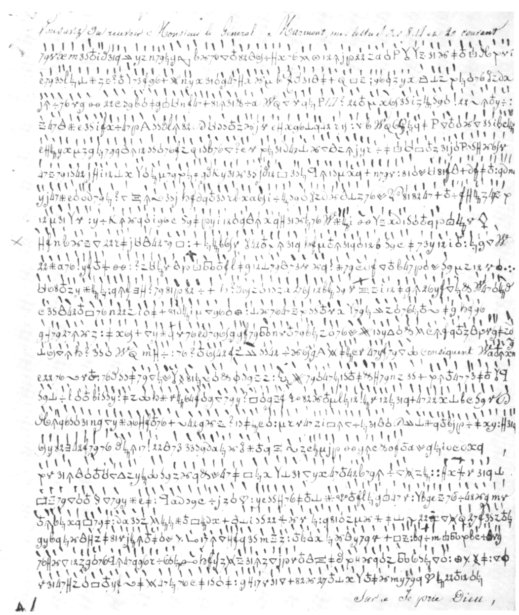 The cipher letter to General Marmont as reproduced in 1969: one handwritten line of plain French, “Vous avez dû recevoir, Monsieur le Général Marmont, mes lettres des 8, 14 et 20 courant”, then 24 rows of two-digit numbers, letters and invented signs, each sign marked with a short stroke above it.