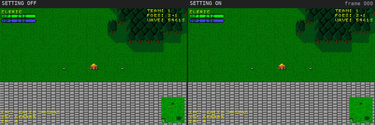 A level 7 cleric casts Turn Undead at two skeletons 50 pixels away, setting off on the left and on on the right