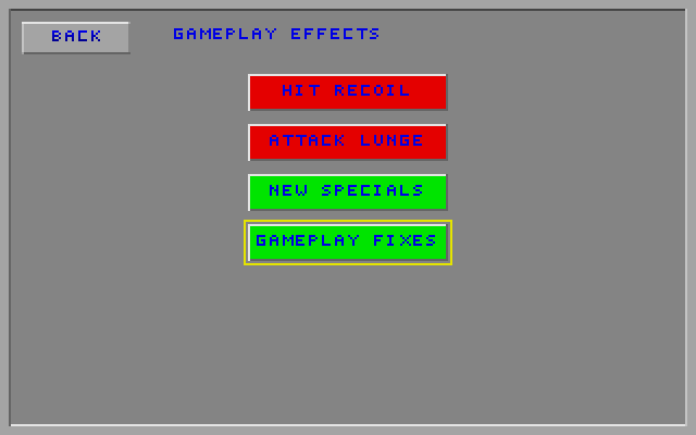 Gameplay Effects screen with Gameplay Fixes on (green)
