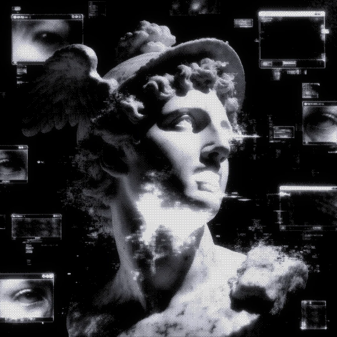 Etched bust of Hermes surrounded by small screens