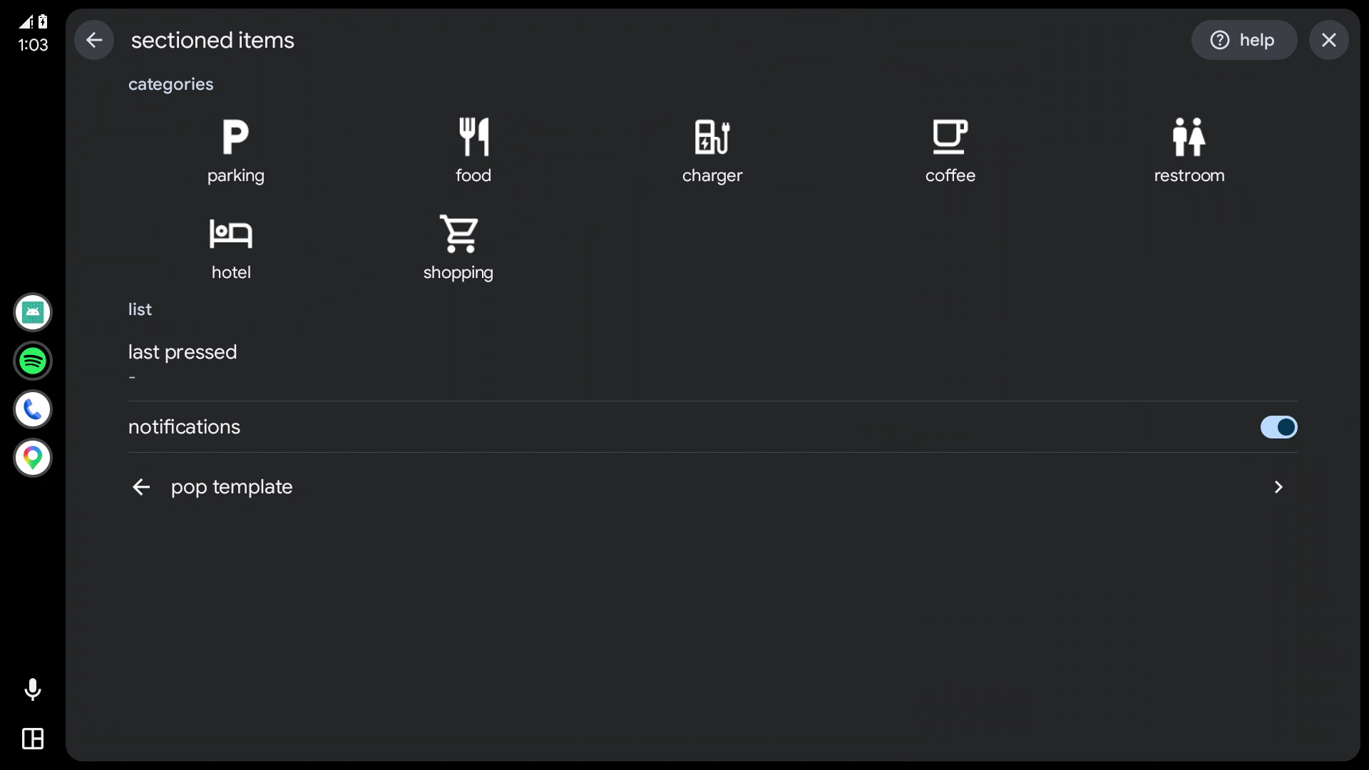 Android Auto desktop head unit showing a grid section and a list section in one template