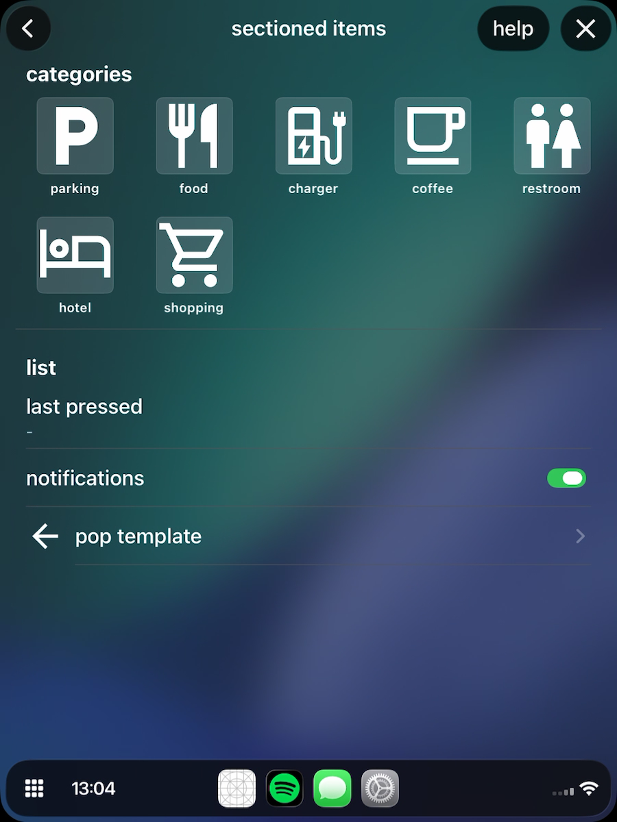 CarPlay screen with a grid of category buttons above a list section