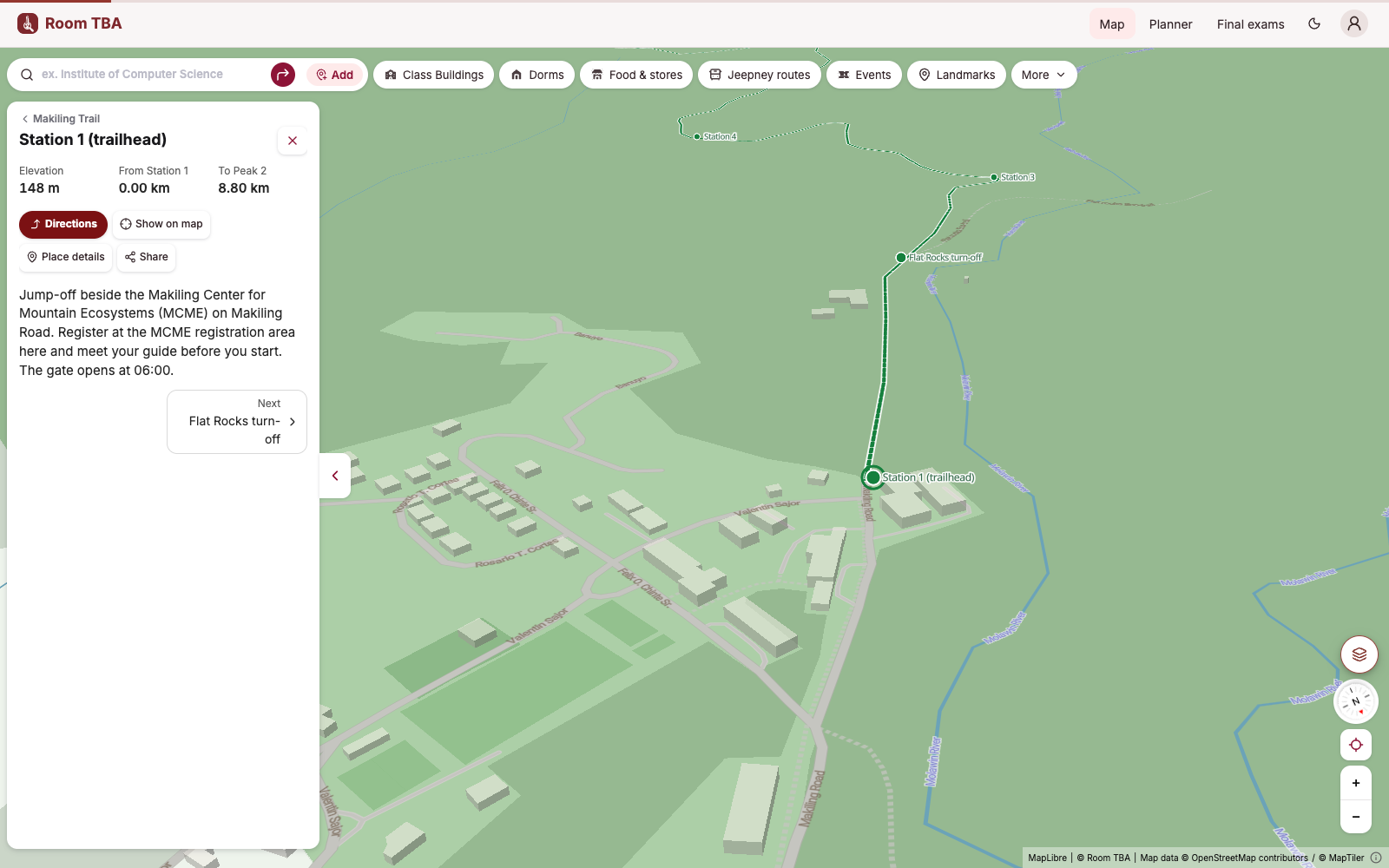 Makiling Trail Station 1 in Room TBA, with elevation and distance to Peak 2