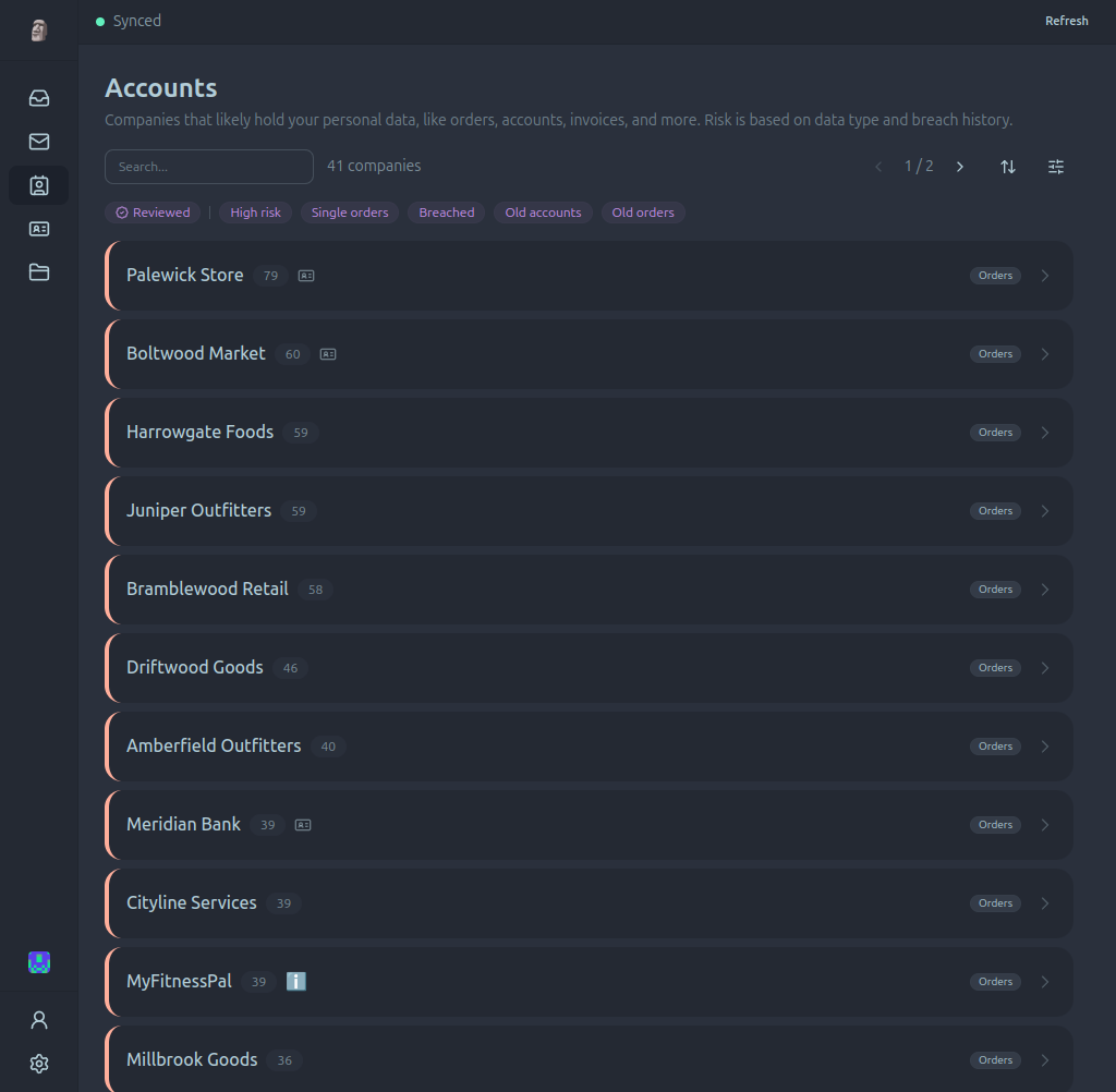 Paperweight's Accounts screen listing companies found in an inbox