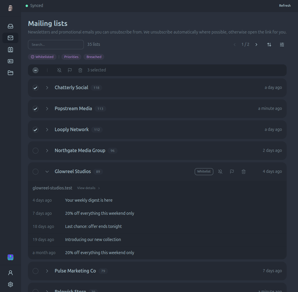 Paperweight's Mailing lists screen with three senders selected for bulk action