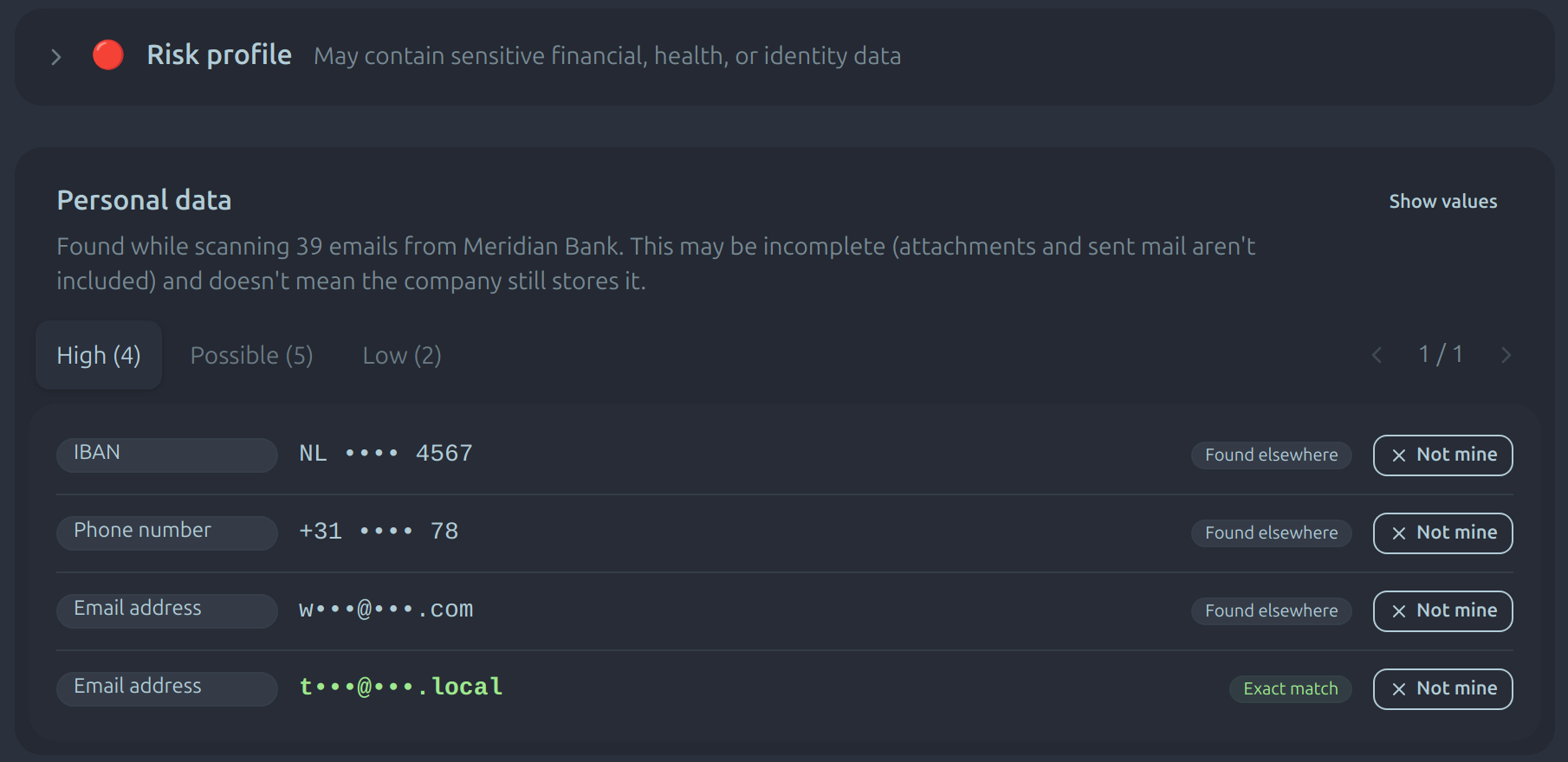 The Personal data panel in an earlier release: a title, an explanatory paragraph, then High, Possible and Low tabs