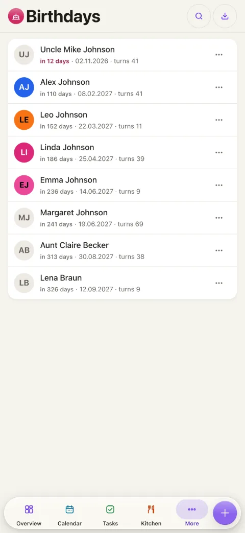 The Birthdays list in Yuvomi on a phone