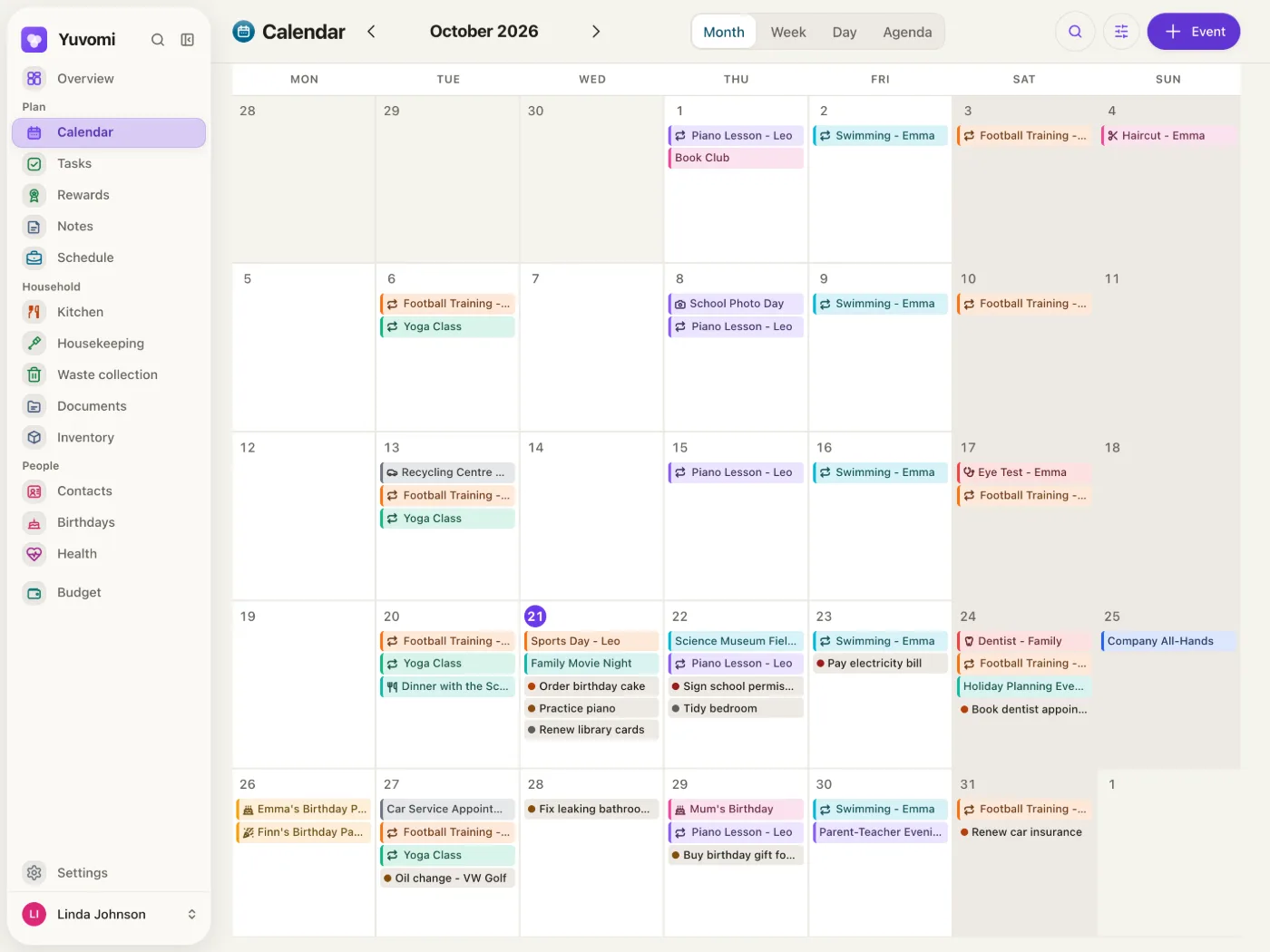 The Yuvomi calendar in month view