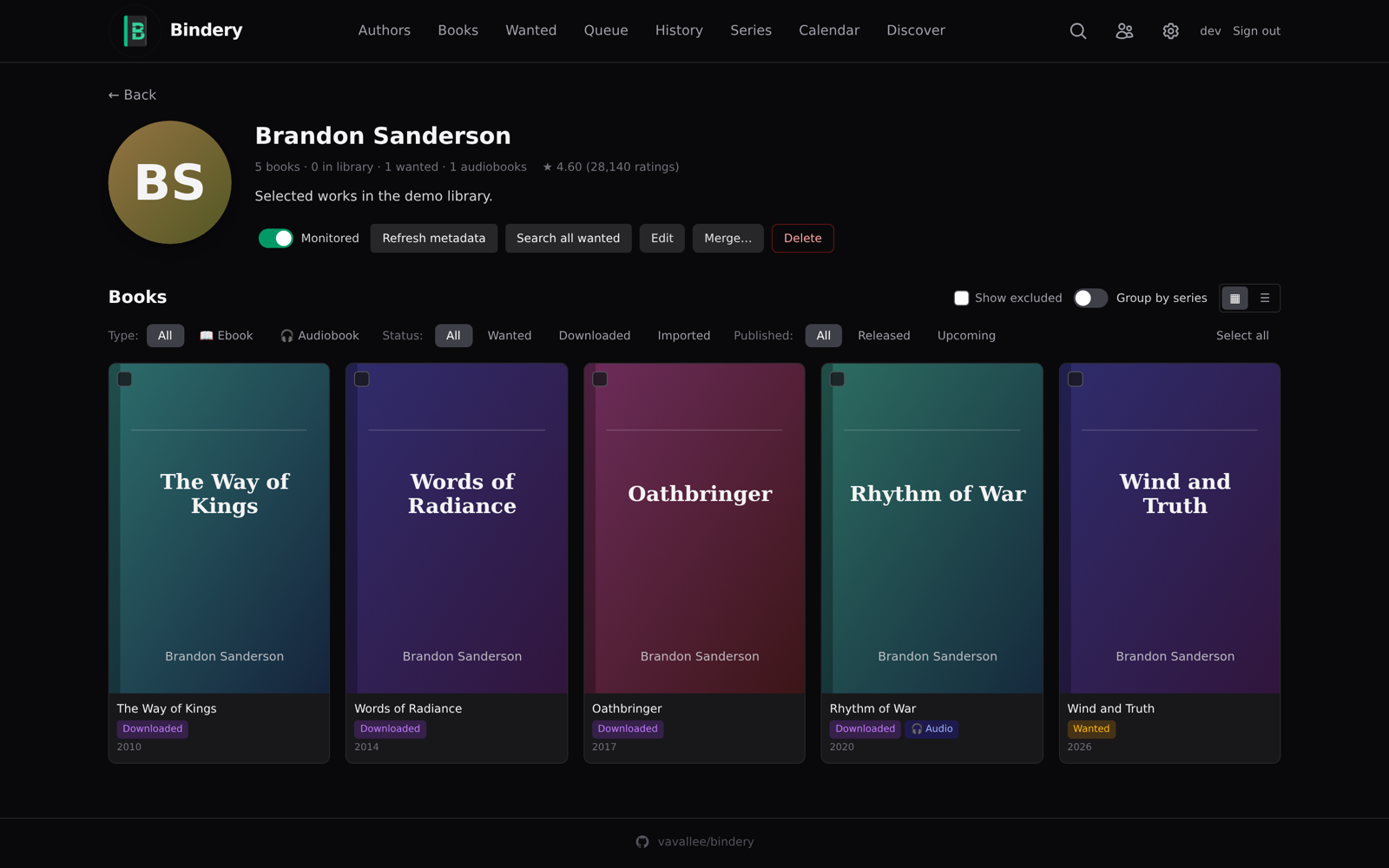 Bindery's author page, dark theme
