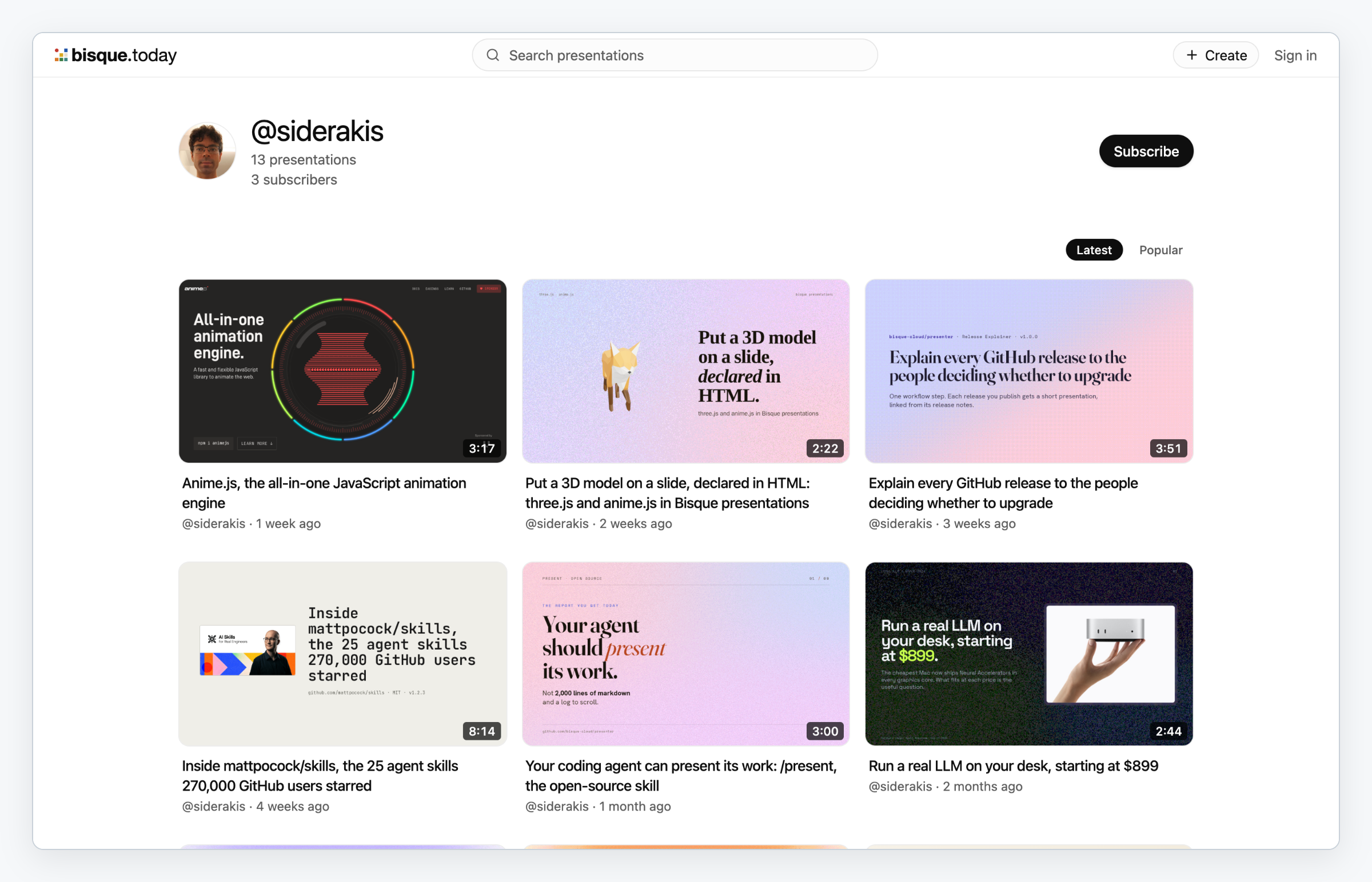 A channel page listing published presentations, each under its headline