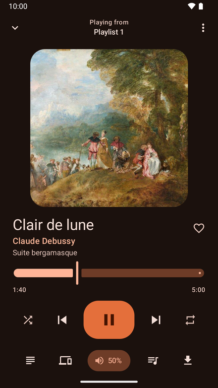 Clementine Remote on Android, playing Clair de lune