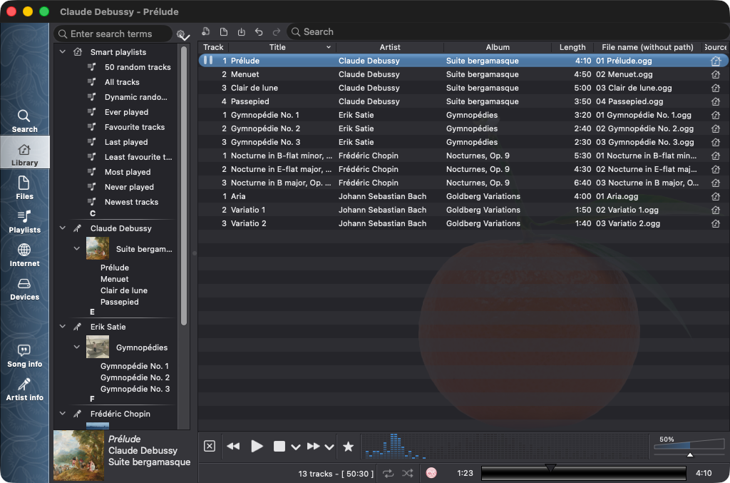 Clementine's library on macOS, dark theme