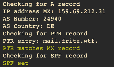 mxcheck output: checking for the A record, the PTR record and the SPF record
