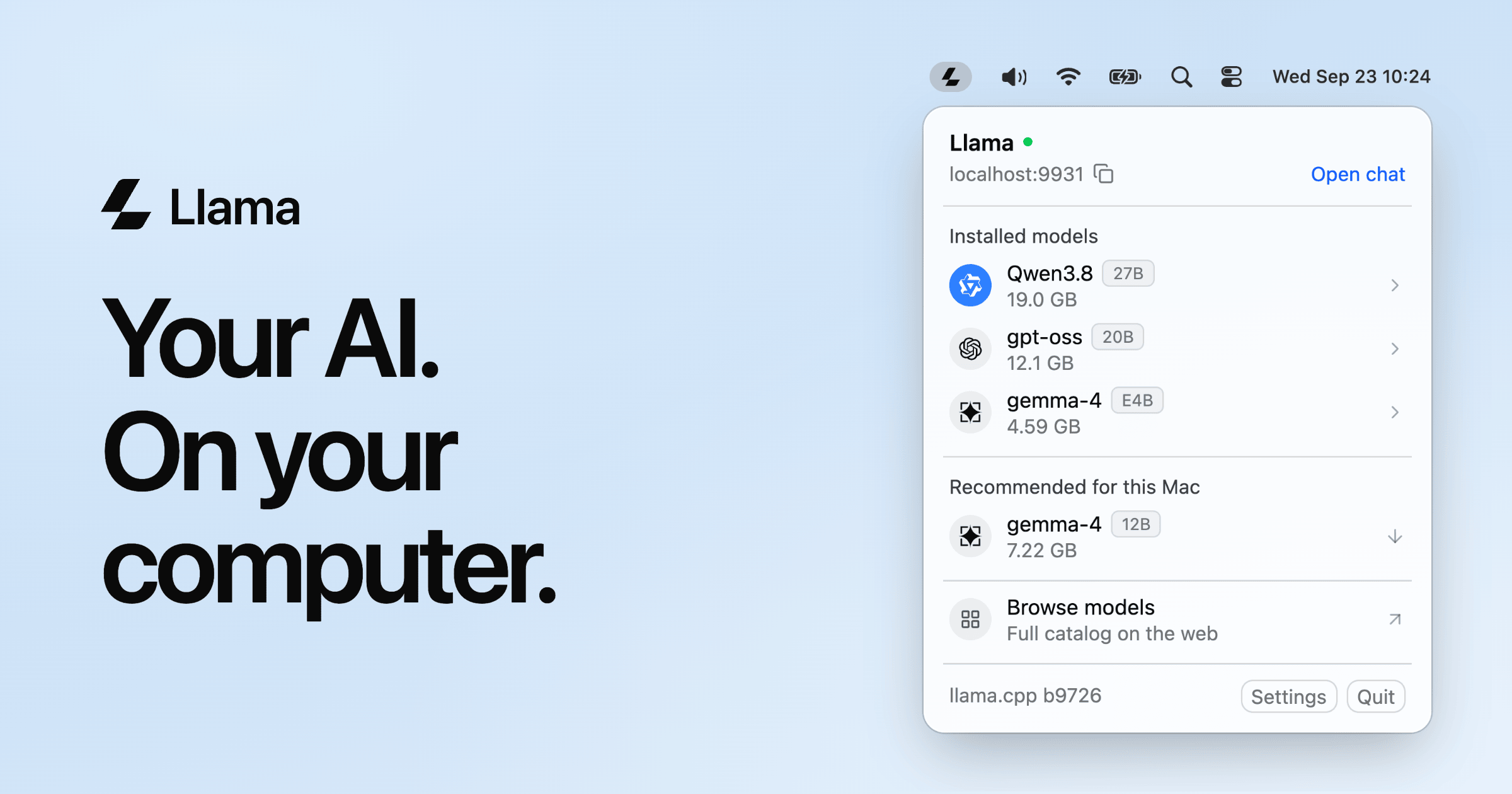 The Llama app menu showing localhost:9931