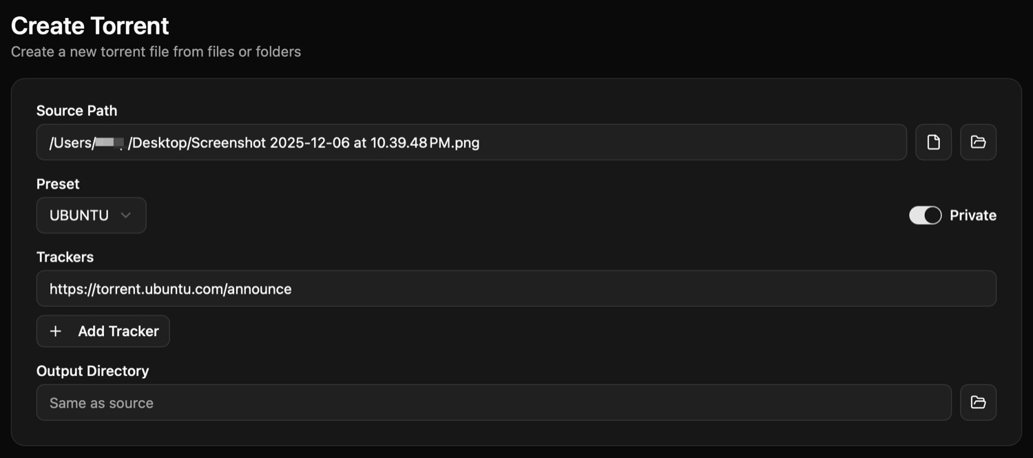 mkbrr GUI Create Torrent page with a Preset menu and a Private switch