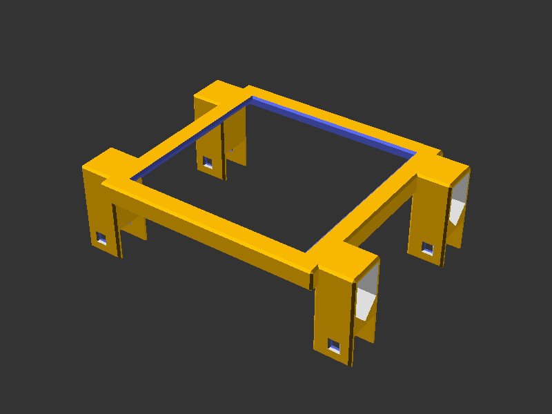 Render of the bracket: a yellow clamp frame with four mount wings
