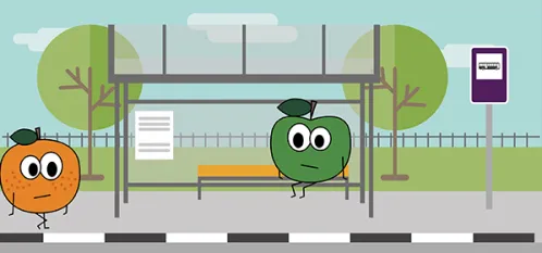 Ilustración estilo cartoon de una manzana verde y una naranja con caras, en una parada de autobús.