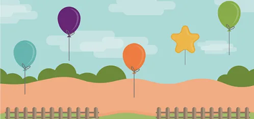 Ilustración de un paisaje con globos de varios colores y formas flotando sobre arbustos y una valla.